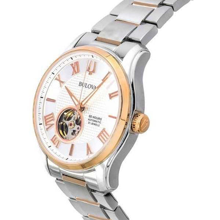 Bulova Wilton Classic Two Tone Stainless Steel Open Heart Silver Dial Automatic 98A213 100M Orologio da uomo