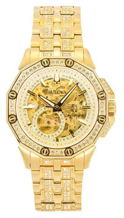Orologio da uomo Bulova Octava Crystal Accents in acciaio inossidabile con quadrante dorato e scheletro automatico 98A292