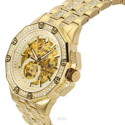 Orologio da uomo Bulova Octava Crystal Accents in acciaio inossidabile con quadrante dorato e scheletro automatico 98A292