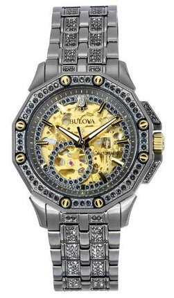 Orologio da uomo Bulova Octava Crystal Accents in acciaio inossidabile con quadrante dorato e scheletro automatico 98A293