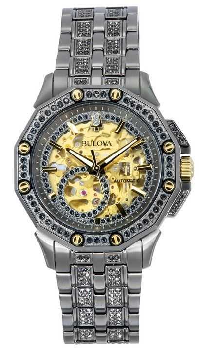 Orologio da uomo Bulova Octava Crystal Accents in acciaio inossidabile con quadrante dorato e scheletro automatico 98A293