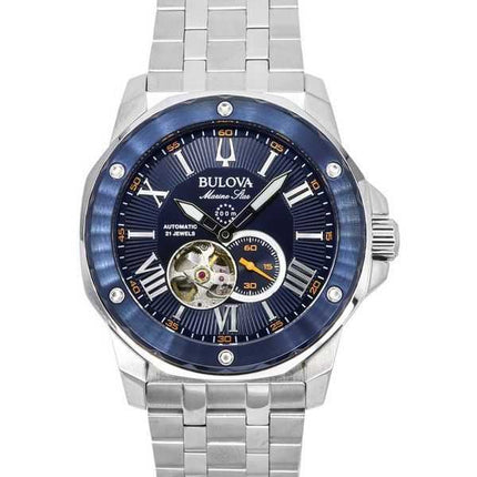 Bulova Marine Star acciaio inossidabile cuore aperto quadrante blu automatico 21 rubini 98A302 200M orologio da uomo