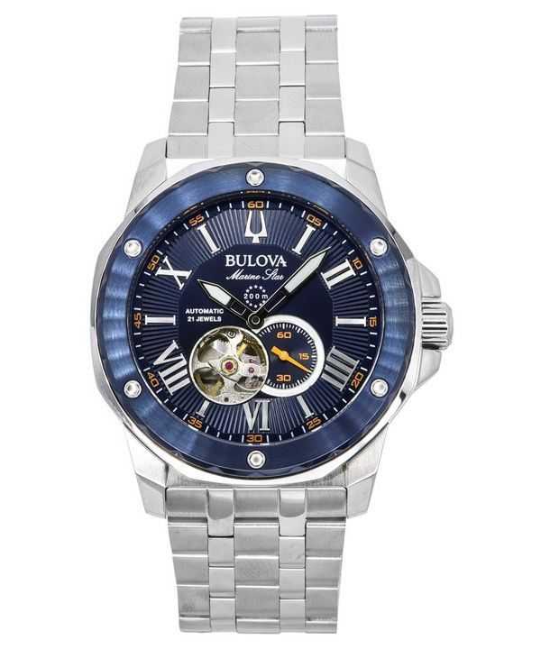 Bulova Marine Star acciaio inossidabile cuore aperto quadrante blu automatico 21 rubini 98A302 200M orologio da uomo