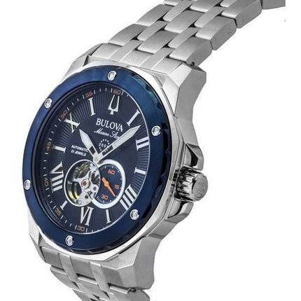 Bulova Marine Star acciaio inossidabile cuore aperto quadrante blu automatico 21 rubini 98A302 200M orologio da uomo
