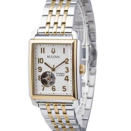 Orologio da uomo automatico 98A308 Bulova Sutton in acciaio inossidabile bicolore a cuore aperto con quadrante argentato