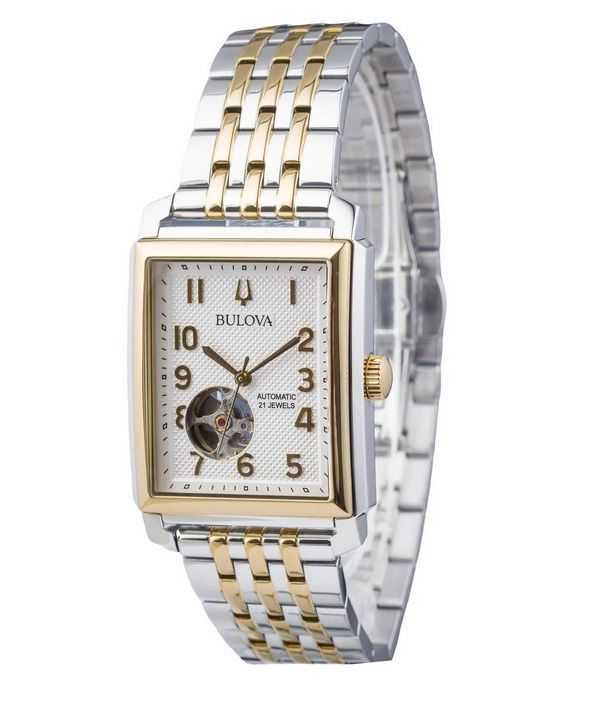 Orologio da uomo automatico 98A308 Bulova Sutton in acciaio inossidabile bicolore a cuore aperto con quadrante argentato