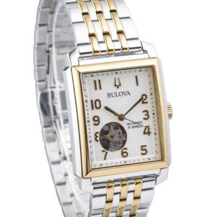 Orologio da uomo automatico 98A308 Bulova Sutton in acciaio inossidabile bicolore a cuore aperto con quadrante argentato