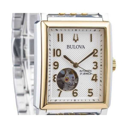 Orologio da uomo automatico 98A308 Bulova Sutton in acciaio inossidabile bicolore a cuore aperto con quadrante argentato