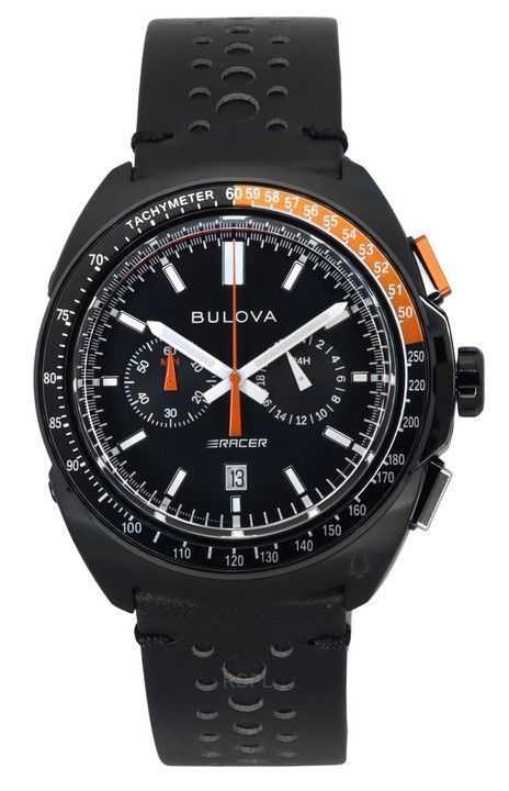 Orologio da uomo Bulova Racer Chronograph cinturino in pelle quadrante nero al quarzo 98B428 100M