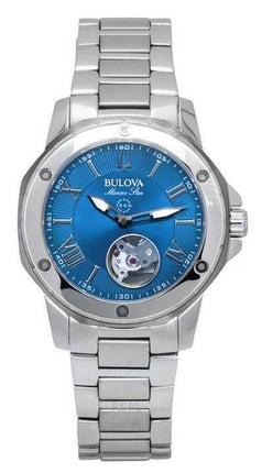 Orologio Bulova Marine Star in acciaio inossidabile Open Heart quadrante blu automatico 98L317 100M da donna