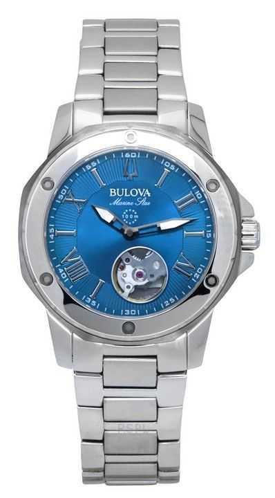 Orologio Bulova Marine Star in acciaio inossidabile Open Heart quadrante blu automatico 98L317 100M da donna