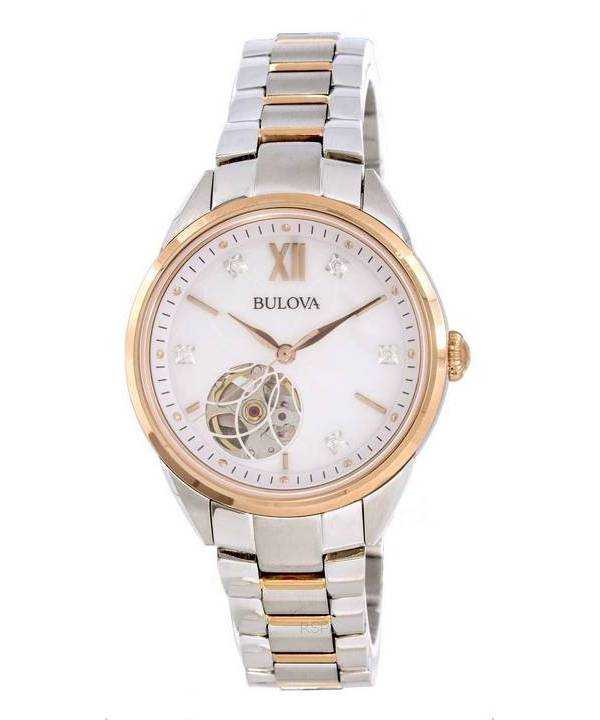 Bulova Orologio da donna automatico con quadrante bianco a cuore aperto 98P170