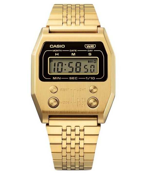 Orologio unisex Casio vintage digitale in acciaio inossidabile placcato con ioni d&#39;oro A1100G-5