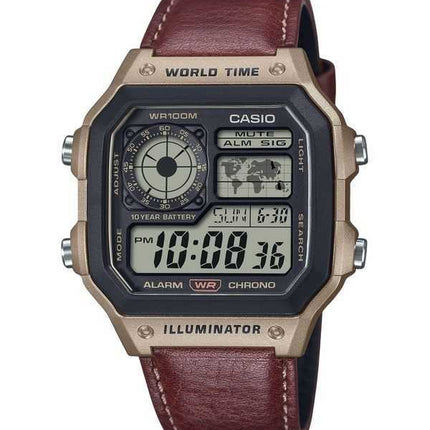 Orologio da uomo Casio Standard Digital World Time cinturino in pelle al quarzo AE-1200WHL-5AV 100M