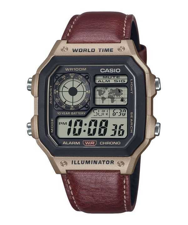 Orologio da uomo Casio Standard Digital World Time cinturino in pelle al quarzo AE-1200WHL-5AV 100M