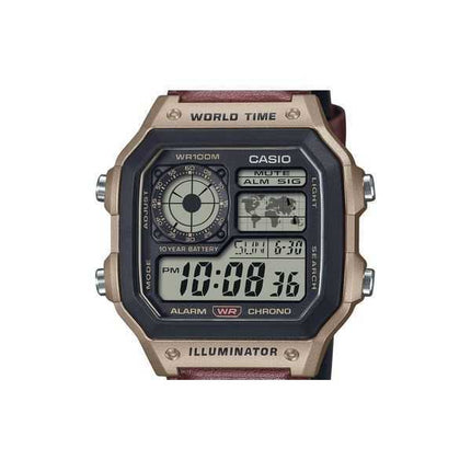 Orologio da uomo Casio Standard Digital World Time cinturino in pelle al quarzo AE-1200WHL-5AV 100M