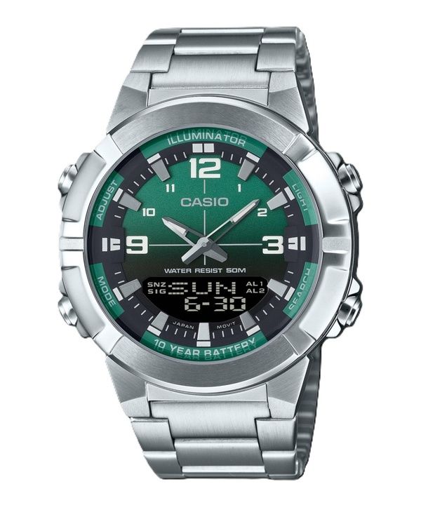 Orologio da uomo Casio Analog Digital Combination in acciaio inossidabile con quadrante verde al quarzo AMW-870DA-3AV