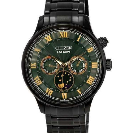 Orologio da uomo Citizen Eco-Drive Moonphase in acciaio inossidabile multifunzione con quadrante verde AP1055-87X