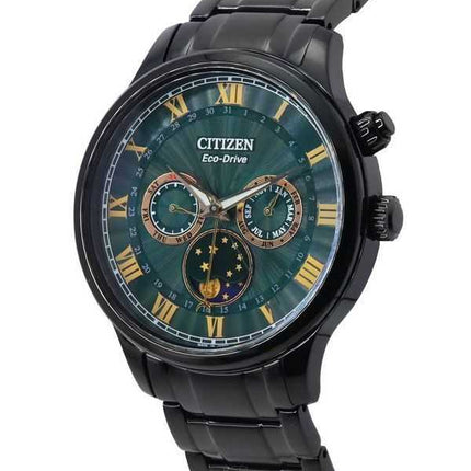 Orologio da uomo Citizen Eco-Drive Moonphase in acciaio inossidabile multifunzione con quadrante verde AP1055-87X