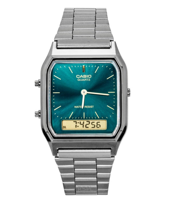 Orologio Casio Vintage Analogico Digitale in acciaio inossidabile con quadrante verde al quarzo AQ-230EGG-3A Unisex