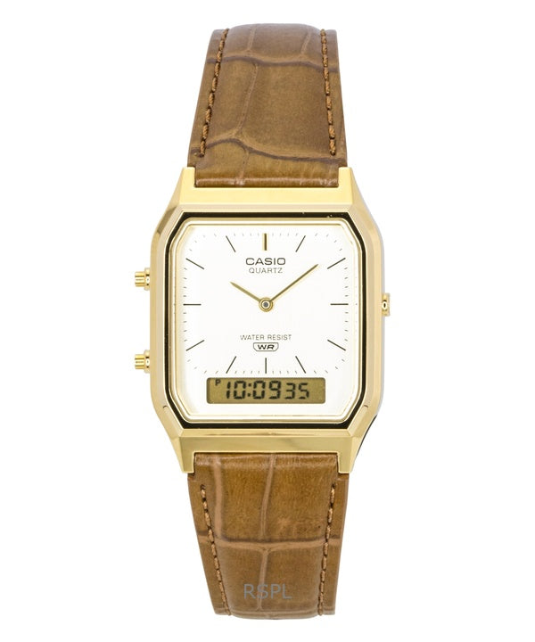 Orologio Casio Vintage Analogico Digitale con Cinturino in Pelle e Quadrante Dorato al Quarzo AQ-230EGL-9A Unisex