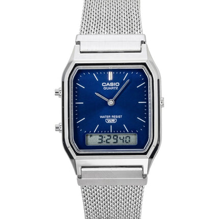 Orologio Casio Vintage Analogico Digitale in Acciaio Inox con Cinturino in Maglia Quadrante Blu al Quarzo AQ-230EM-2A Unisex