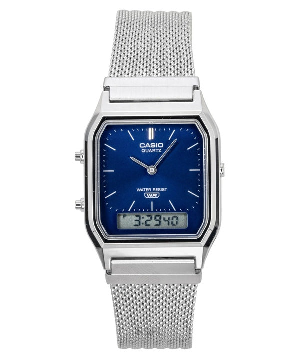 Orologio Casio Vintage Analogico Digitale in Acciaio Inox con Cinturino in Maglia Quadrante Blu al Quarzo AQ-230EM-2A Unisex