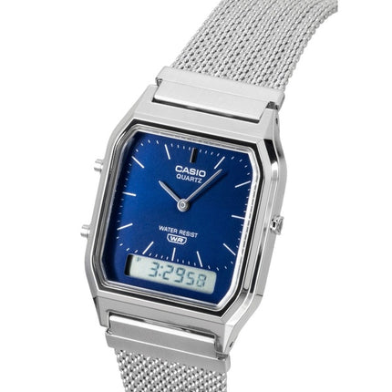 Orologio Casio Vintage Analogico Digitale in Acciaio Inox con Cinturino in Maglia Quadrante Blu al Quarzo AQ-230EM-2A Unisex