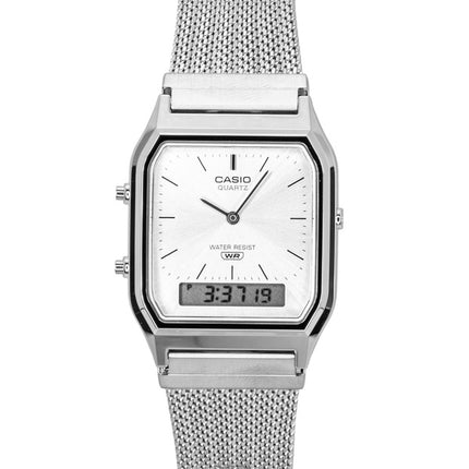 Orologio Casio Vintage Analogico Digitale in Acciaio Inox con Cinturino in Maglia Quadrante Argento al Quarzo AQ-230EM-7A Unisex
