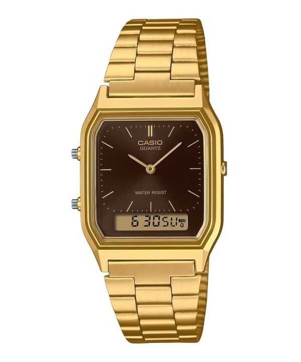 Casio Vintage Analog Digitale Oro Acciaio Inossidabile Quadrante Marrone Quarzo AQ-230GA-5A Orologio Unisex