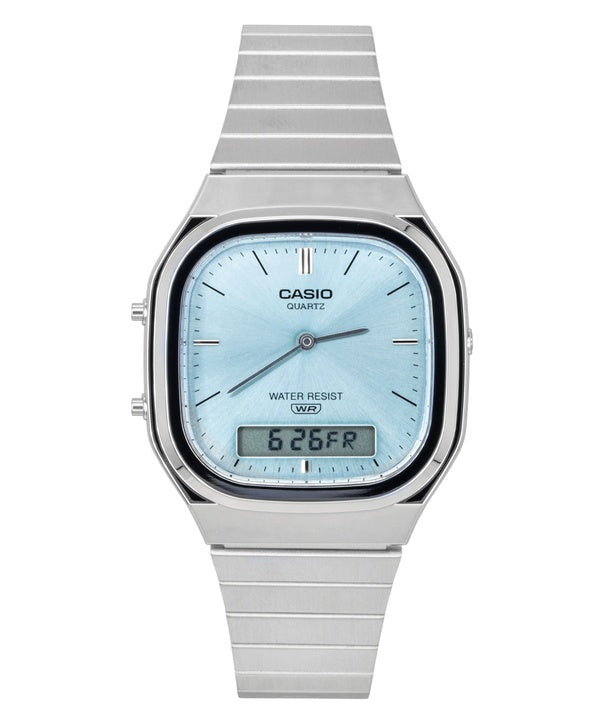 Orologio Casio Vintage Analogico Digitale in acciaio inossidabile con quadrante azzurro, movimento al quarzo, modello AQ-240E-2A, unisex.