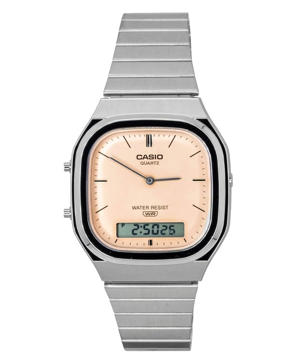Orologio Casio Vintage Analogico Digitale con quadrante arancione e cassa in acciaio inossidabile al quarzo, modello AQ-240E-4A, unisex.