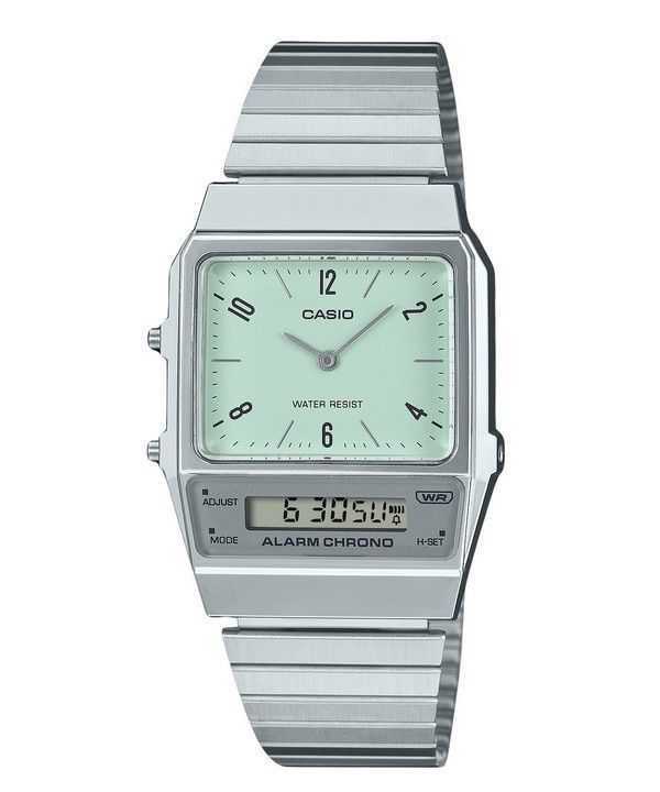 Casio Vintage Analog Digital Dual Time Bracciale in acciaio inossidabile Quadrante verde Quarzo AQ-800E-3A Orologio unisex