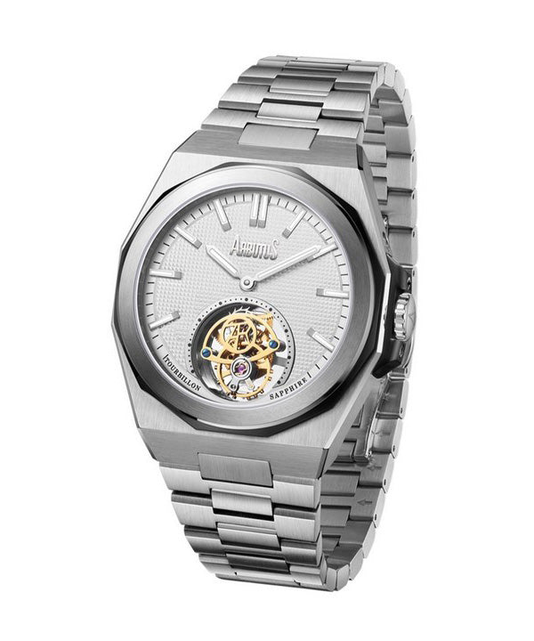 Orologio unisex meccanico Arbutus Tourbillon in acciaio inossidabile con quadrante bianco a cuore aperto AR-TB-13SWS