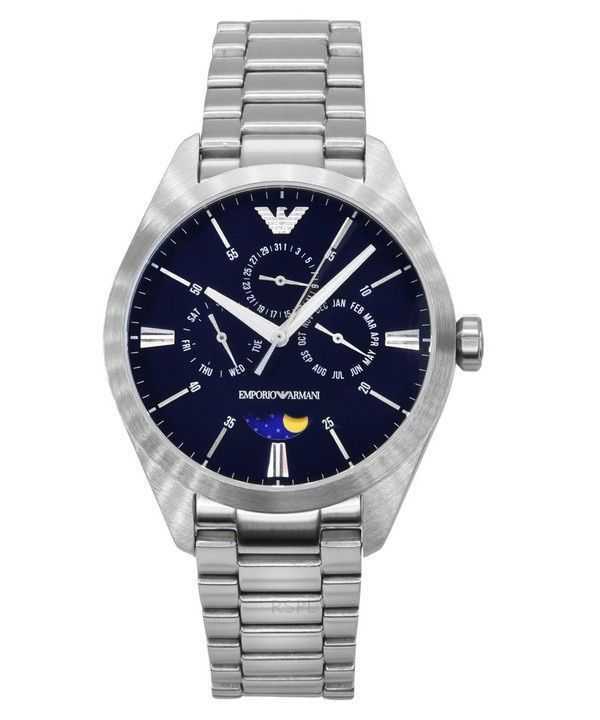 Orologio da uomo Emporio Armani Moon Phase in acciaio inossidabile multifunzione con quadrante blu al quarzo AR11553