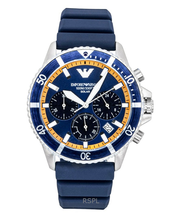 Orologio da uomo Emporio Armani World Explorer con cronografo e cinturino in silicone, quadrante blu, solare AR11696, 100M