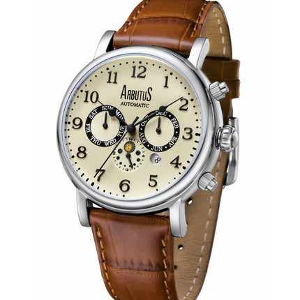 Orologio da uomo automatico Arbutus Broadway con cinturino in pelle, quadrante avorio, sole e fasi lunari, AR1711SIF