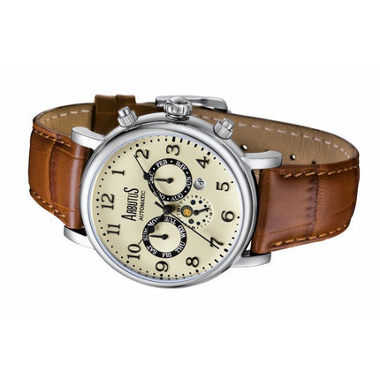 Orologio da uomo automatico Arbutus Broadway con cinturino in pelle, quadrante avorio, sole e fasi lunari, AR1711SIF