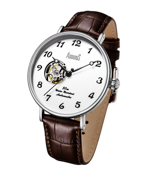 Orologio unisex automatico Arbutus Broadway con cinturino in pelle e quadrante bianco a cuore aperto AR1805SWF