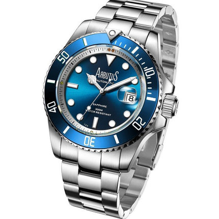 Orologio da uomo Arbutus Wall Street in acciaio inossidabile con quadrante blu automatico subacqueo AR1907SUS 300M