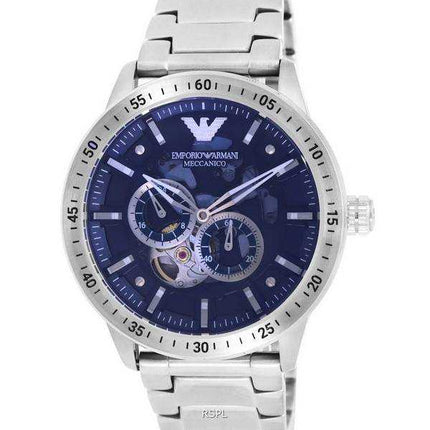 Orologio da uomo automatico Emporio Armani in acciaio inossidabile con quadrante blu a cuore aperto AR60052