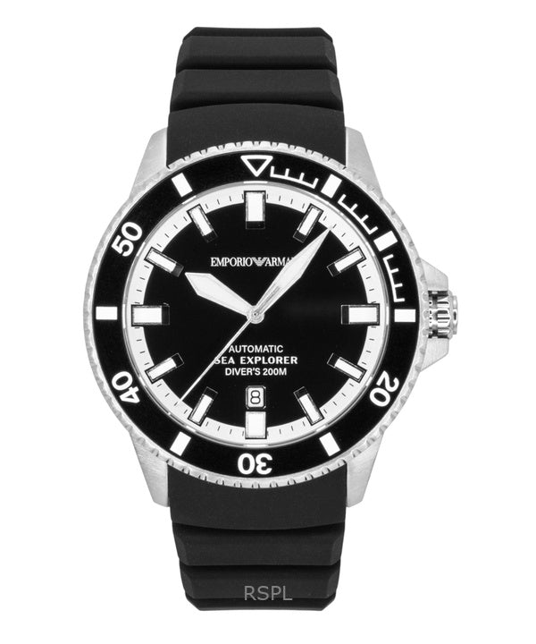 Orologio da uomo Emporio Armani Sea Explorer con cinturino in silicone e quadrante nero, subacqueo automatico AR60086 200M