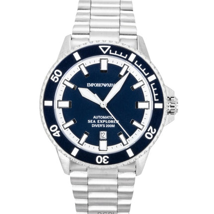 Orologio da uomo Emporio Armani Sea Explorer in acciaio inossidabile con quadrante blu, subacqueo automatico AR60087 200M
