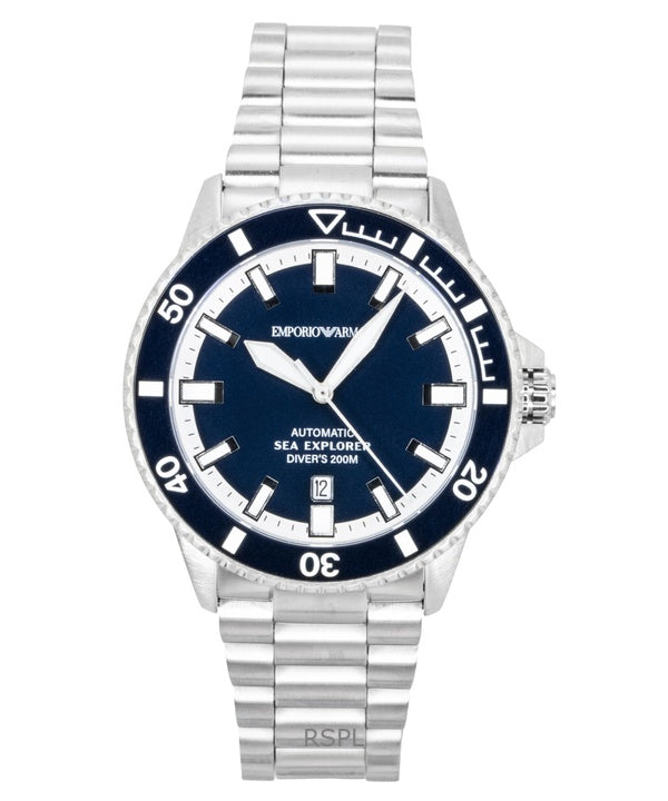 Orologio da uomo Emporio Armani Sea Explorer in acciaio inossidabile con quadrante blu, subacqueo automatico AR60087 200M
