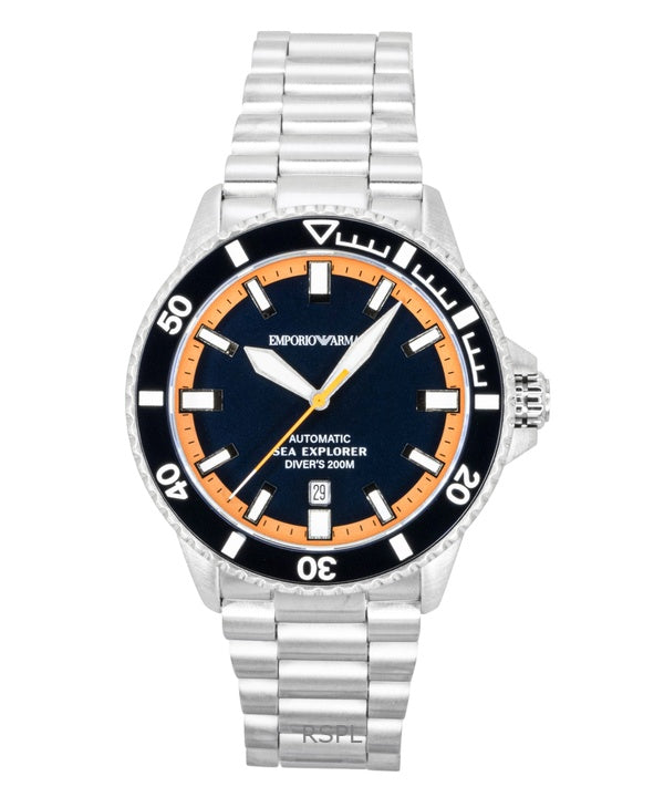 Orologio da uomo Emporio Armani Sea Explorer in acciaio inossidabile con quadrante blu, subacqueo automatico AR60090 200M