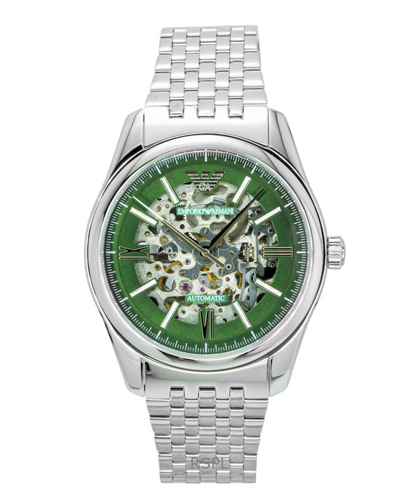 Orologio da uomo Emporio Armani in acciaio inossidabile con quadrante scheletrato verde automatico AR60091