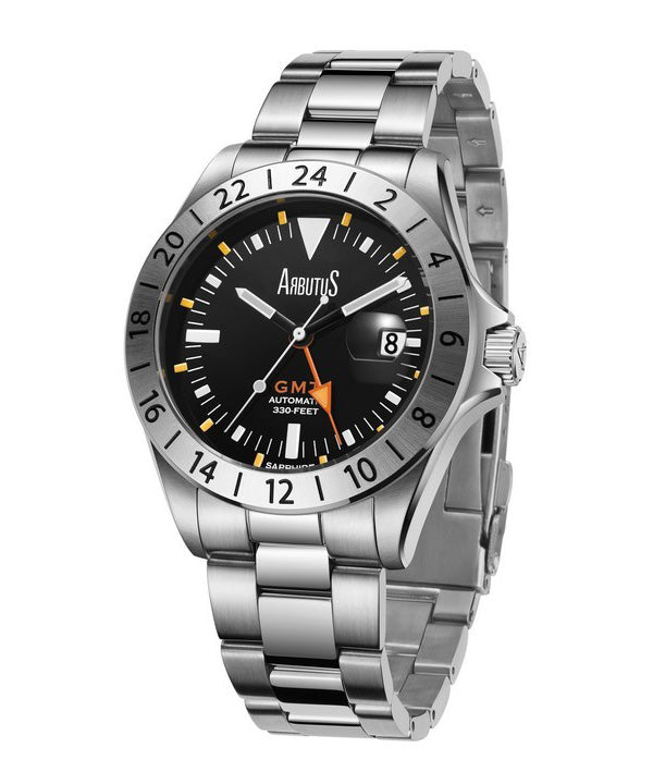 Orologio da uomo Arbutus Limited Edition GMT in acciaio inossidabile con quadrante nero automatico AR9922SBS 100M