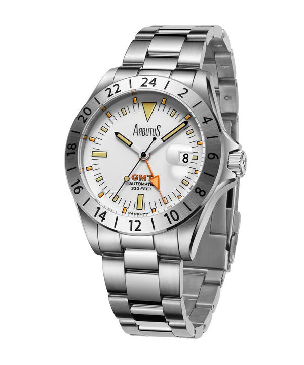 Orologio da uomo Arbutus Limited Edition GMT in acciaio inossidabile con quadrante bianco automatico AR9922SWS 100M
