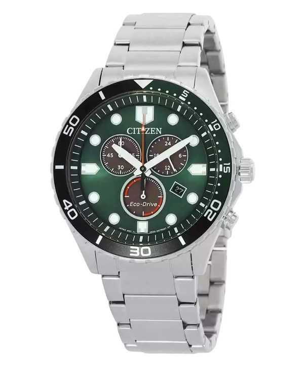 Orologio da uomo Citizen Eco-Drive Chronograph GMT in acciaio inossidabile con quadrante verde AT2561-81X 100M