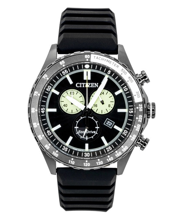 Orologio da uomo Citizen Eco-Drive Chronograph con cinturino in silicone, quadrante nero, alimentazione solare AT2565-05E, impermeabile fino a 100 metri.